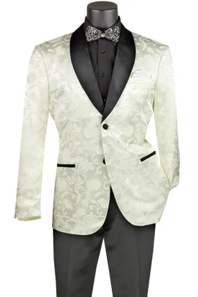 (4XL) Ivory Slim Fit Jacket Silky Jacquard Fabric with Bow Tie