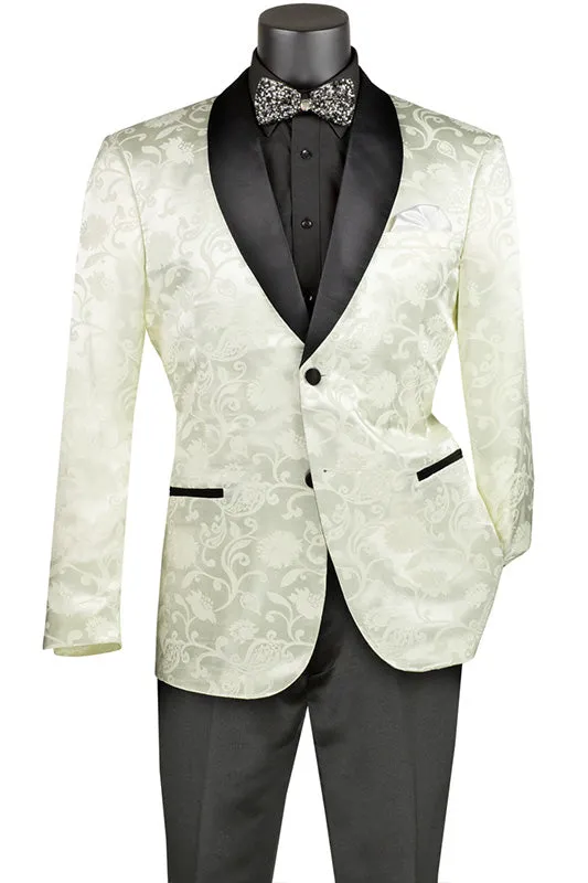 (4XL) Ivory Slim Fit Jacket Silky Jacquard Fabric with Bow Tie
