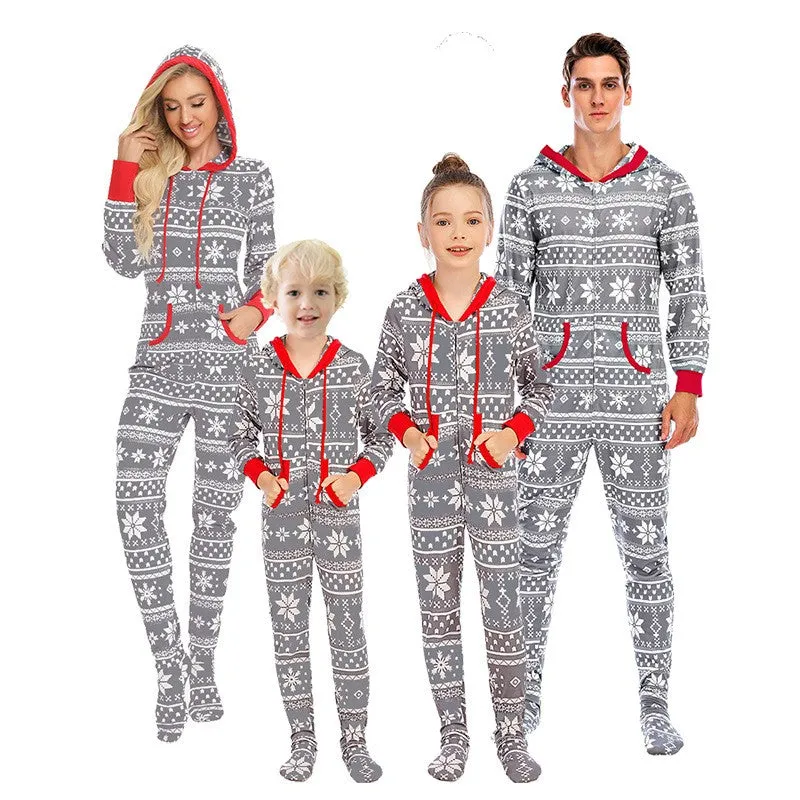 (5-6 years) Kids Christmas Pyjama Overall Winter Jumpsuit with Hood - Grey / White / Red