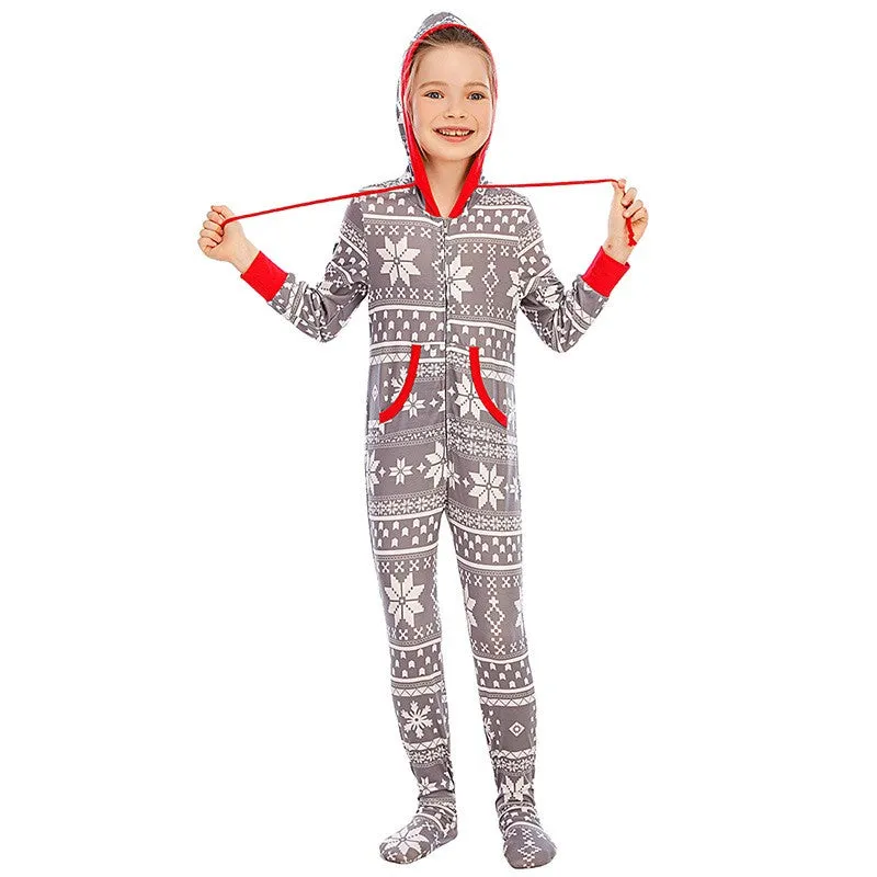 (5-6 years) Kids Christmas Pyjama Overall Winter Jumpsuit with Hood - Grey / White / Red