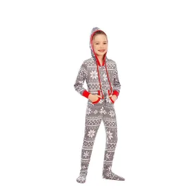 (5-6 years) Kids Christmas Pyjama Overall Winter Jumpsuit with Hood - Grey / White / Red