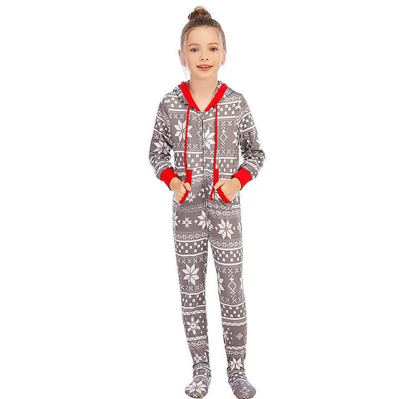 (5-6 years) Kids Christmas Pyjama Overall Winter Jumpsuit with Hood - Grey / White / Red