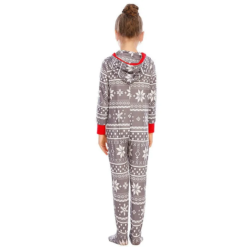 (5-6 years) Kids Christmas Pyjama Overall Winter Jumpsuit with Hood - Grey / White / Red