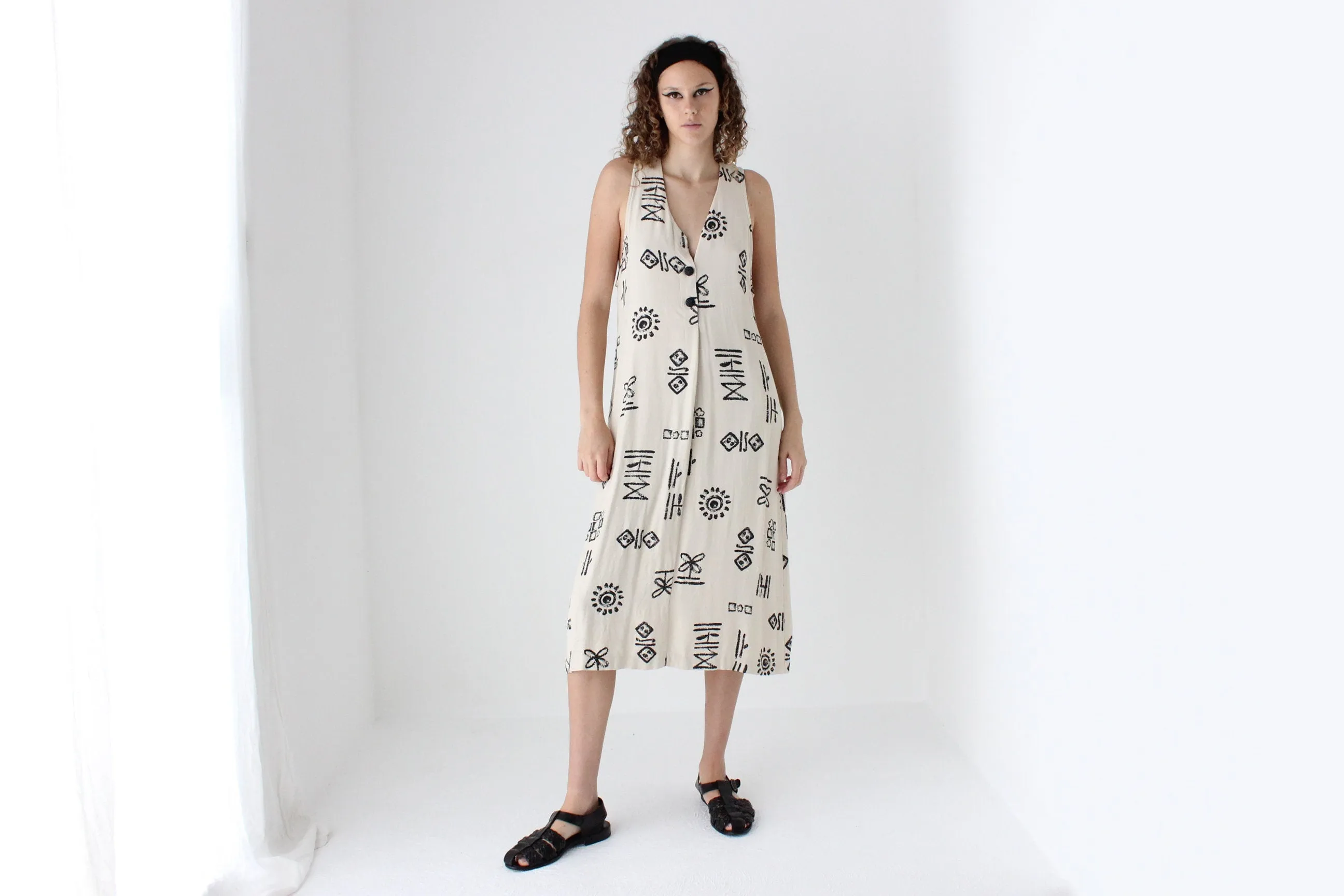 90s Abstract Print Relaxed Button Front Dress
