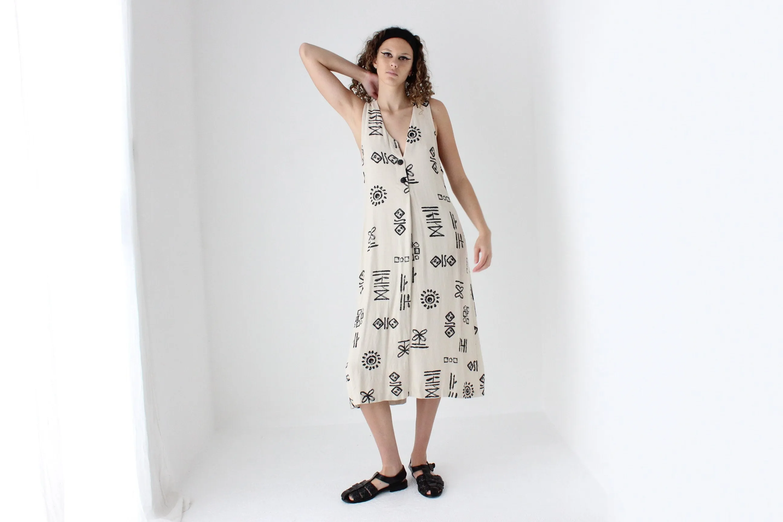 90s Abstract Print Relaxed Button Front Dress