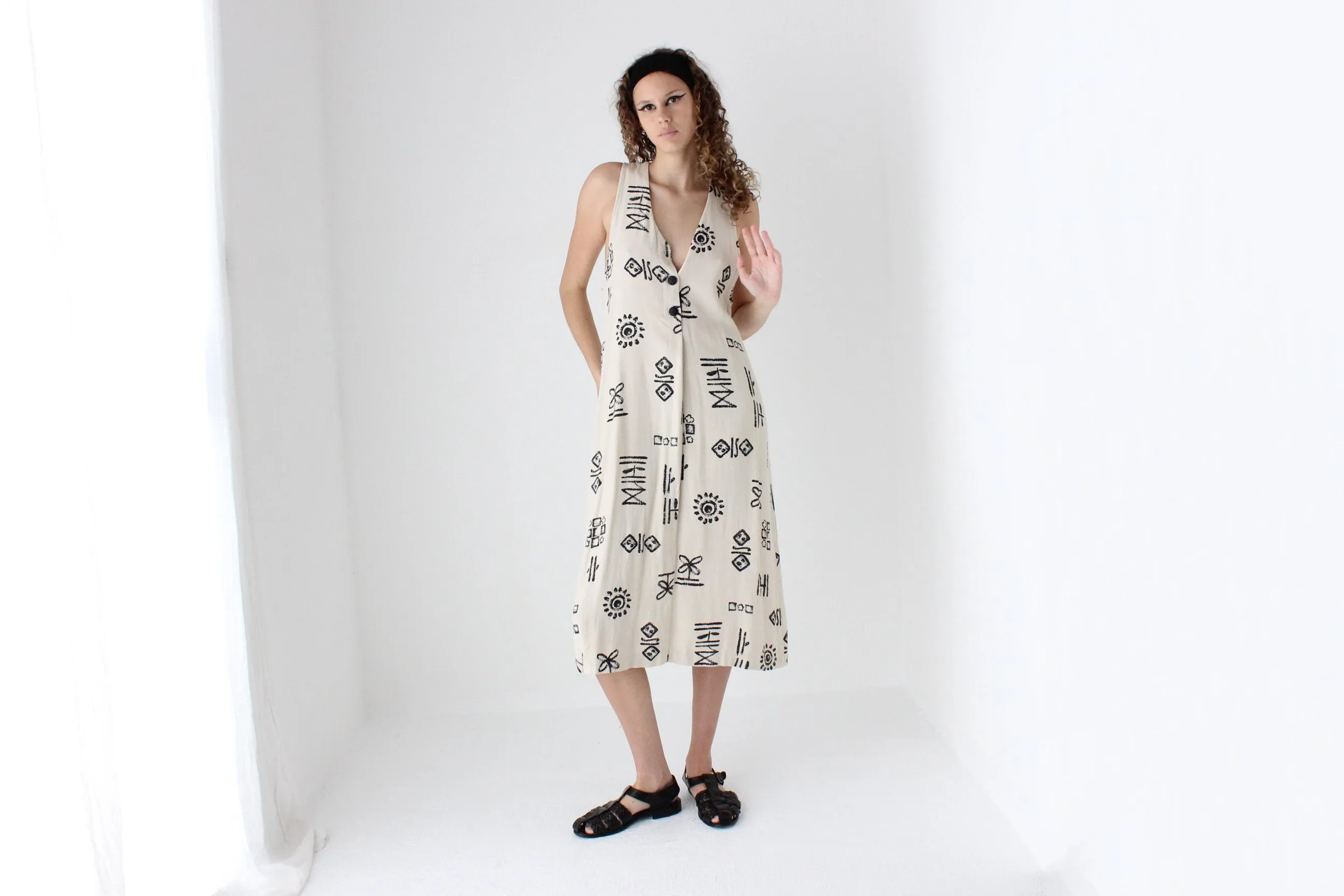 90s Abstract Print Relaxed Button Front Dress