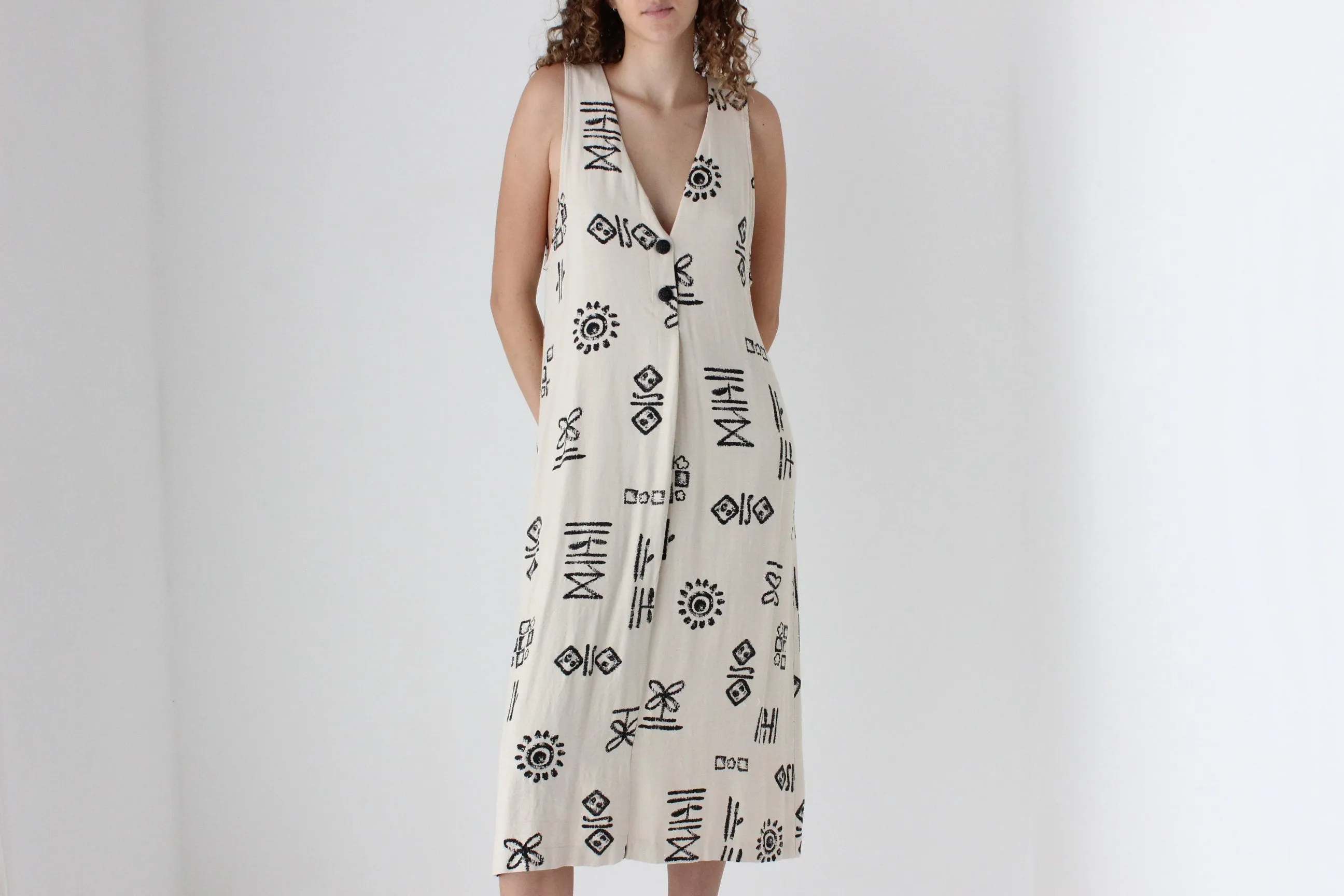 90s Abstract Print Relaxed Button Front Dress