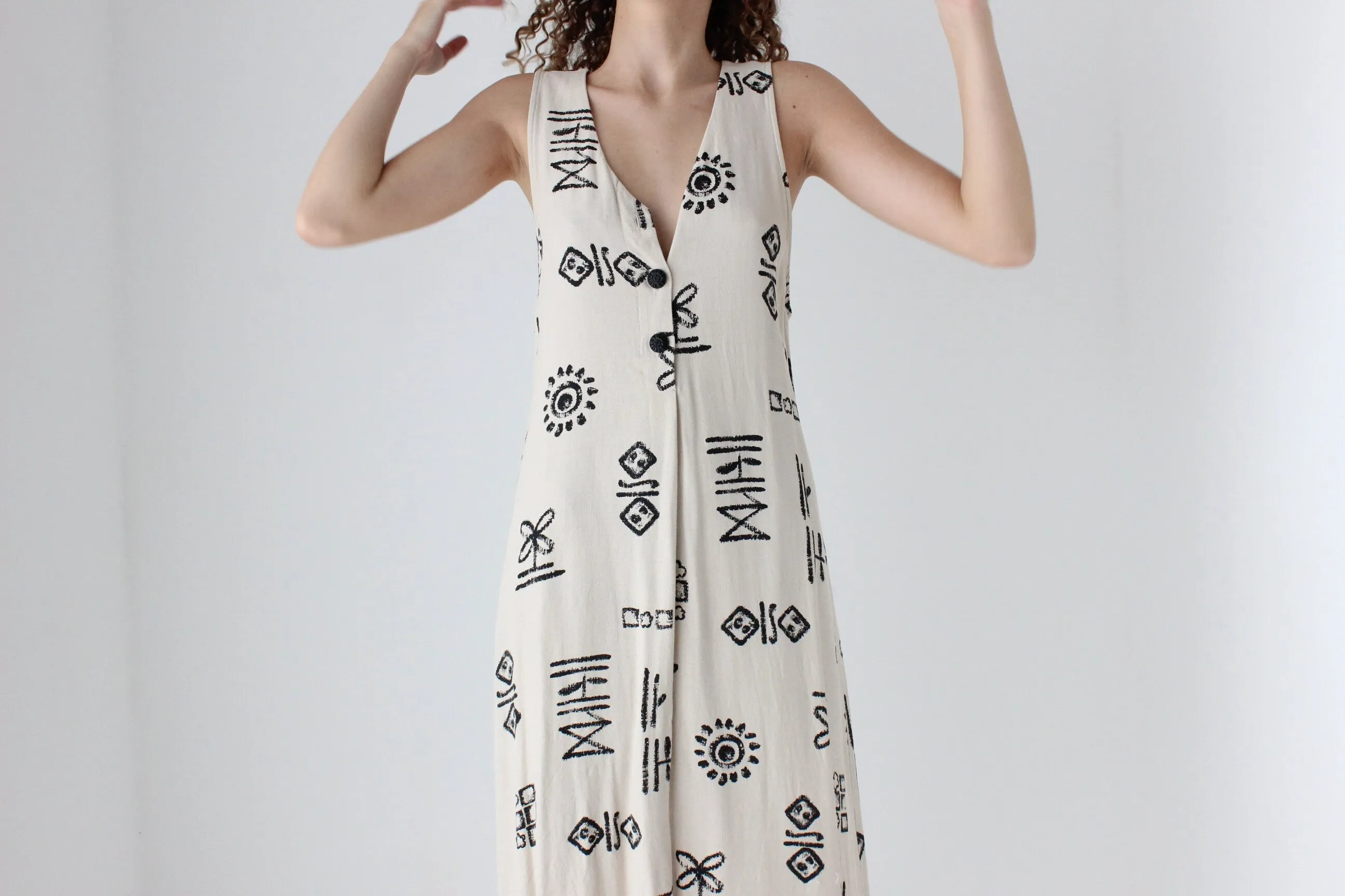 90s Abstract Print Relaxed Button Front Dress