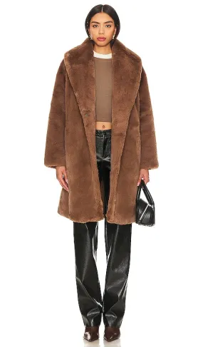 Adrienne Landau Faux Rex Rabbit Coat With Belt in Tan