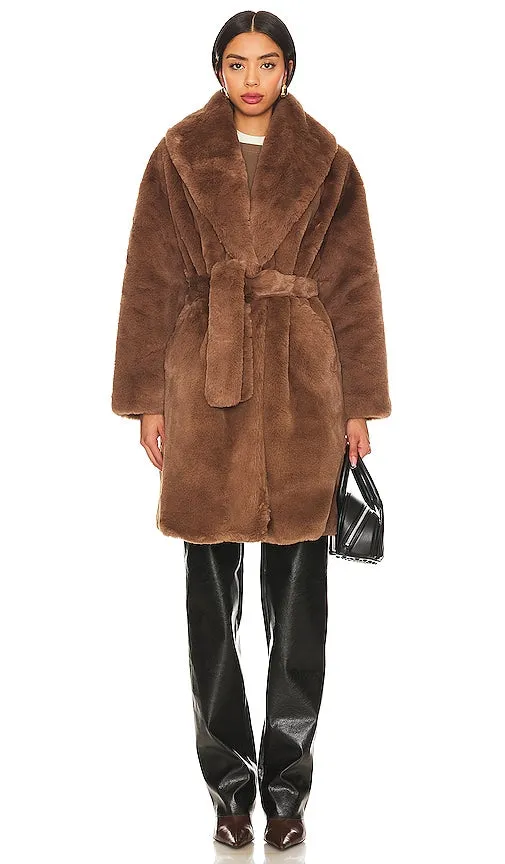 Adrienne Landau Faux Rex Rabbit Coat With Belt in Tan