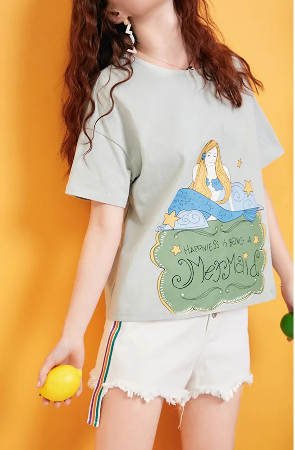 ARTKA MERMAID PRINT BOYFRIEND T SHIRT IN WATER GREEN