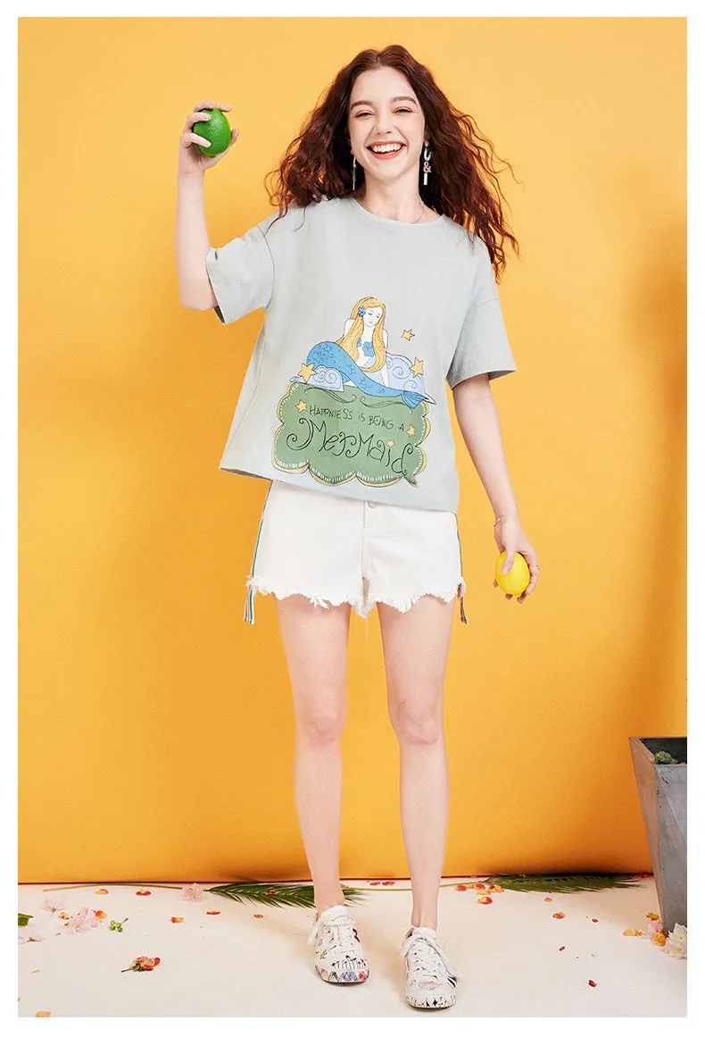 ARTKA MERMAID PRINT BOYFRIEND T SHIRT IN WATER GREEN