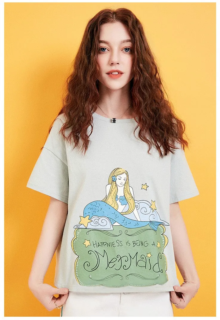 ARTKA MERMAID PRINT BOYFRIEND T SHIRT IN WATER GREEN