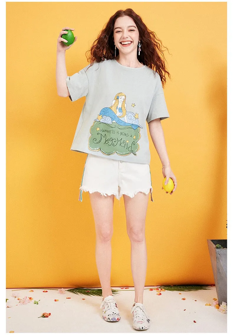 ARTKA MERMAID PRINT BOYFRIEND T SHIRT IN WATER GREEN