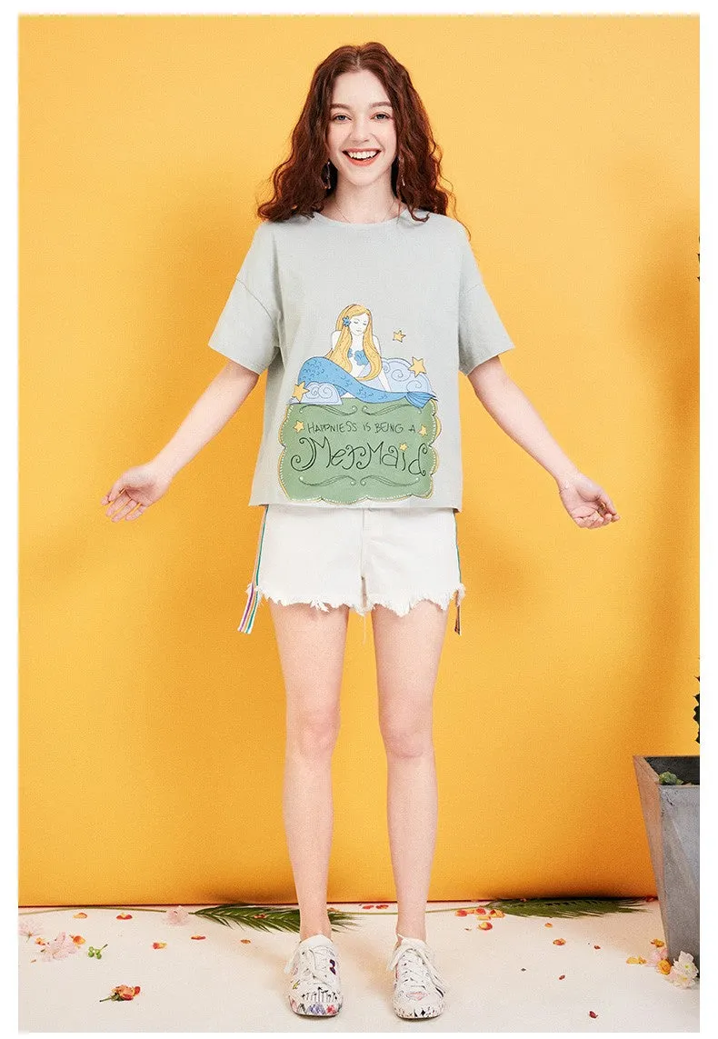 ARTKA MERMAID PRINT BOYFRIEND T SHIRT IN WATER GREEN