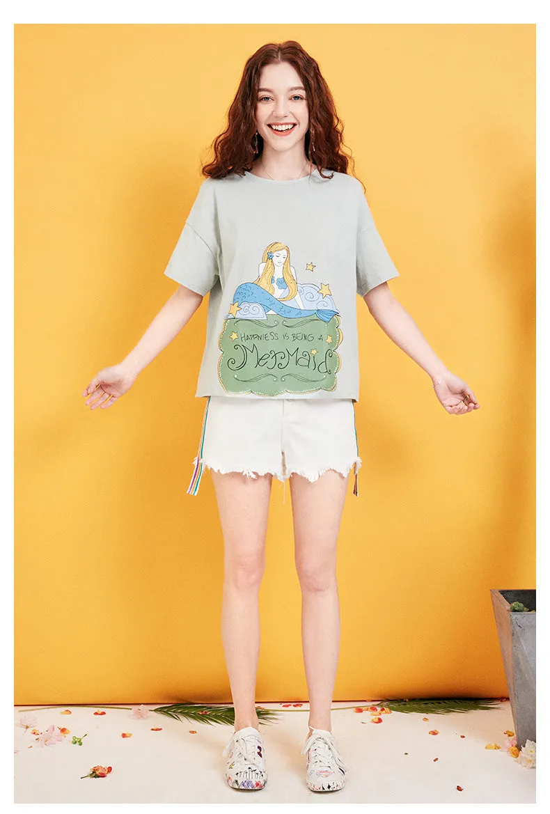 ARTKA MERMAID PRINT BOYFRIEND T SHIRT IN WATER GREEN