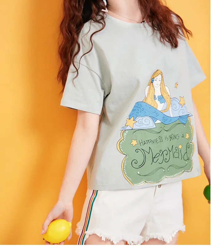 ARTKA MERMAID PRINT BOYFRIEND T SHIRT IN WATER GREEN