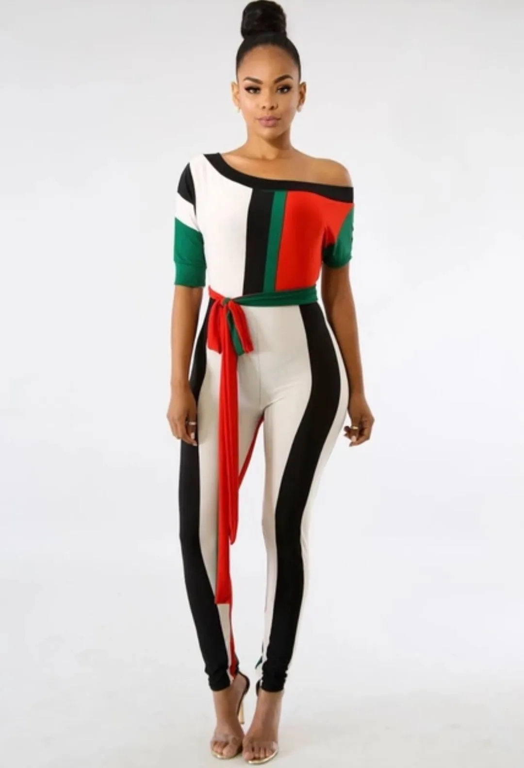 Bellen Strip Women's Skin Tight Fall Elegant Short Sleeve Off Shoulder Vertical Jumpsuit