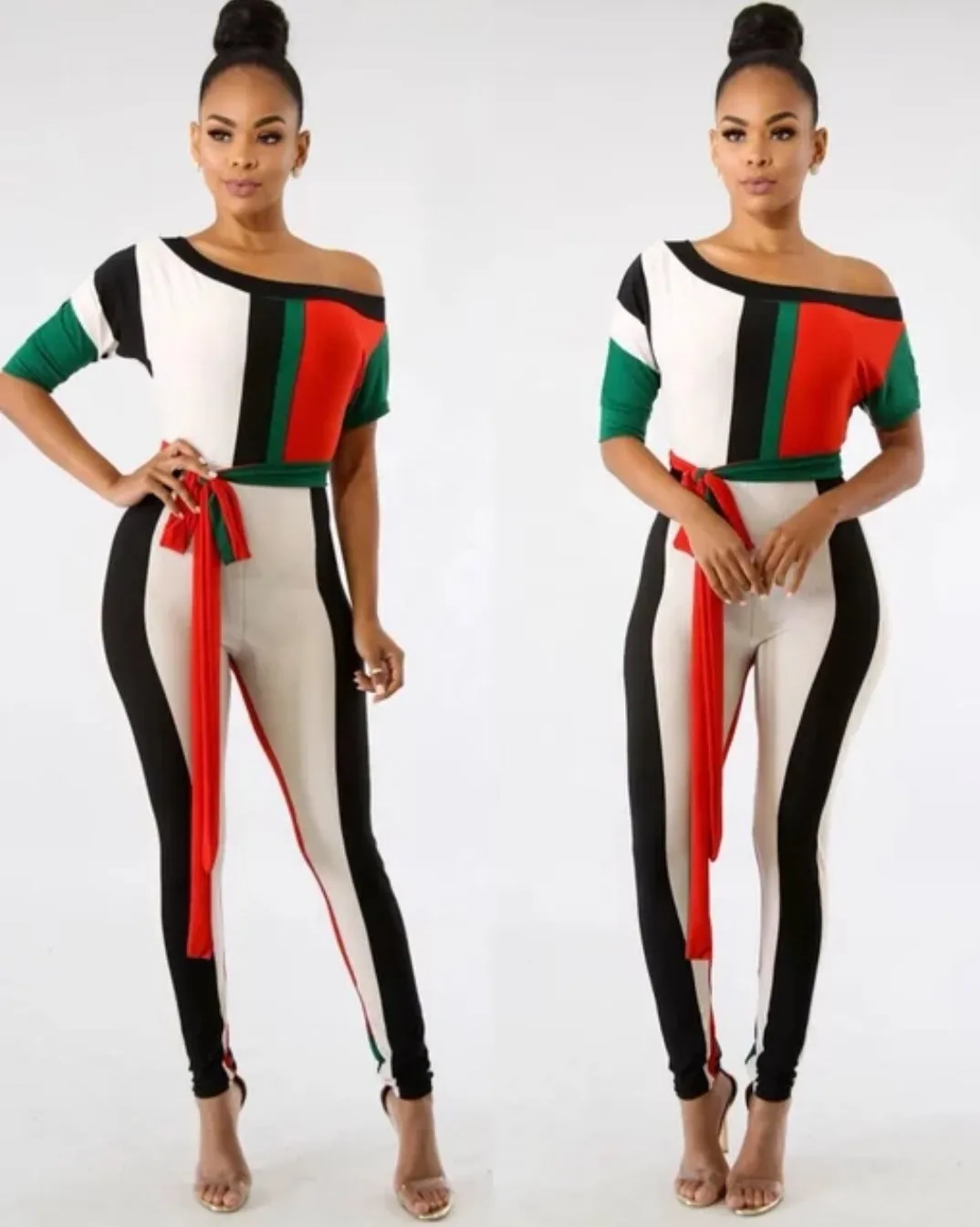 Bellen Strip Women's Skin Tight Fall Elegant Short Sleeve Off Shoulder Vertical Jumpsuit