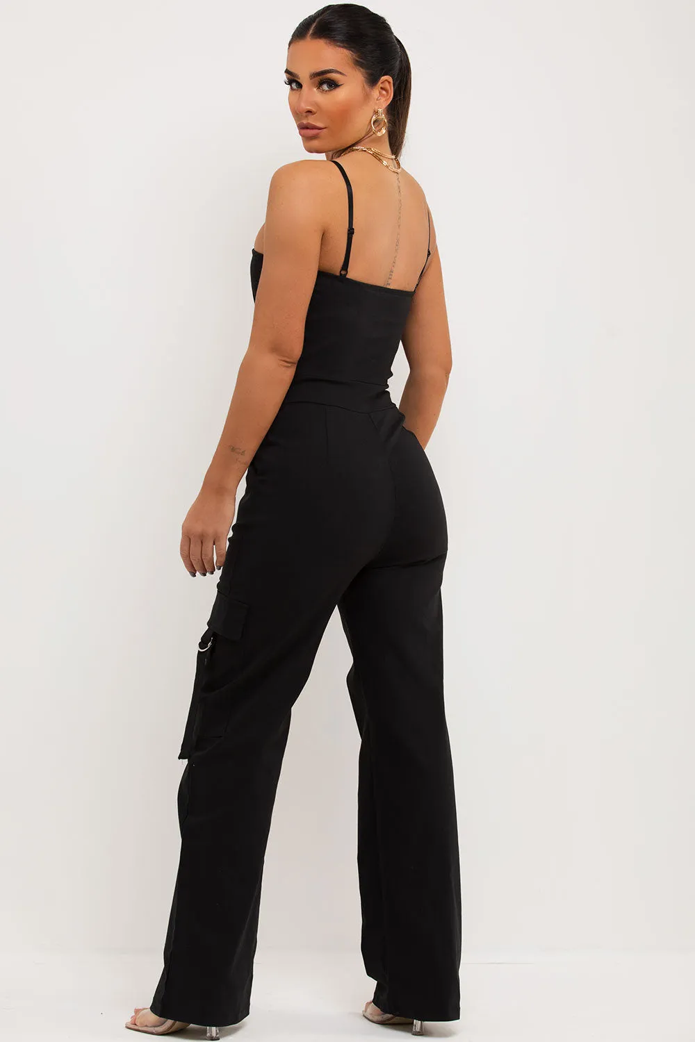 Black Cargo Jumpsuit With Pocket Detail