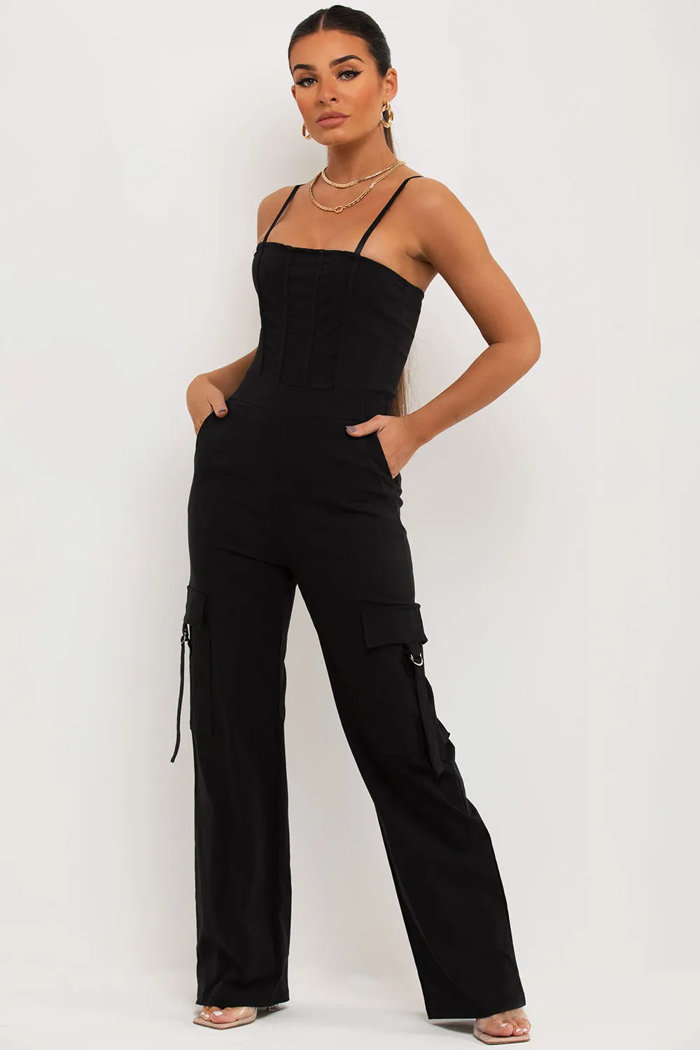 Black Cargo Jumpsuit With Pocket Detail