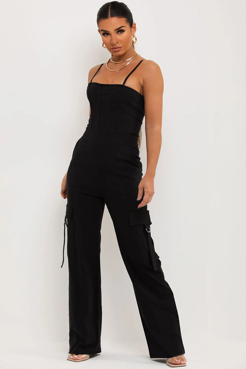 Black Cargo Jumpsuit With Pocket Detail