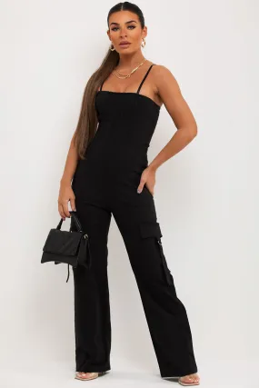 Black Cargo Jumpsuit With Pocket Detail