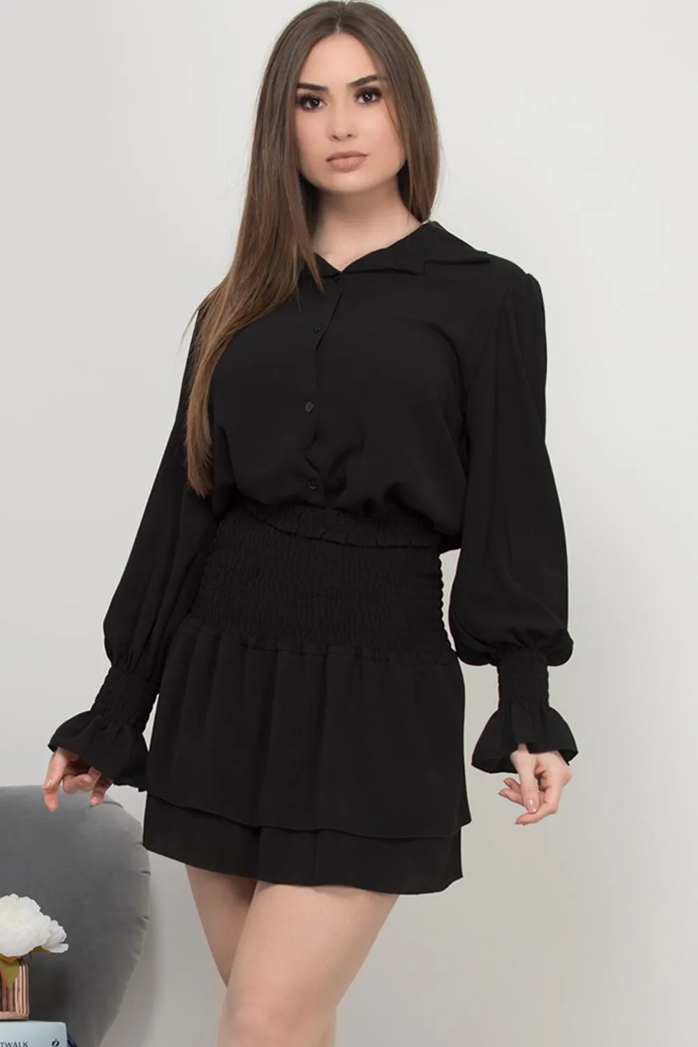 Black Shirt And High Waisted Skirt Co-Ord Set