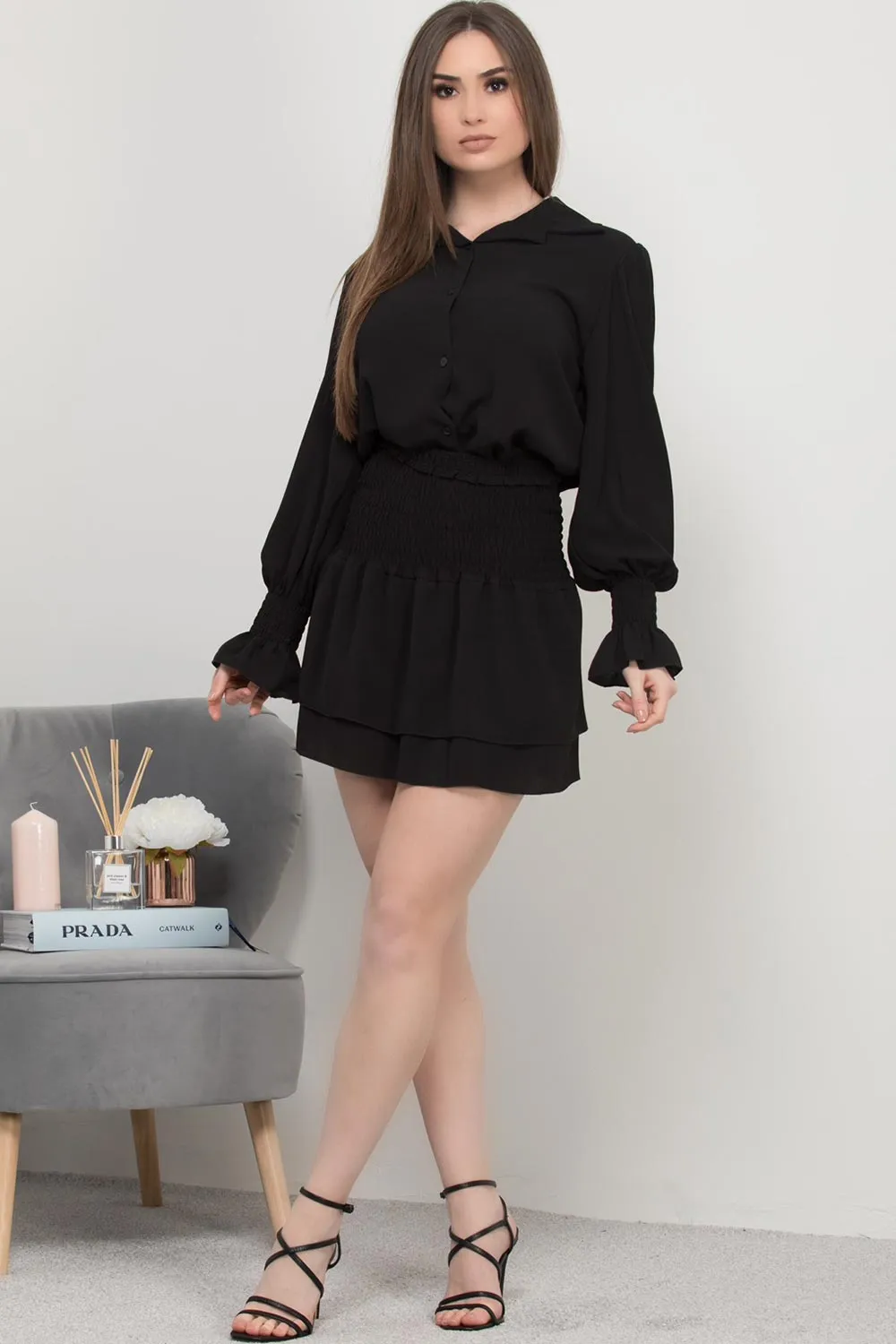 Black Shirt And High Waisted Skirt Co-Ord Set