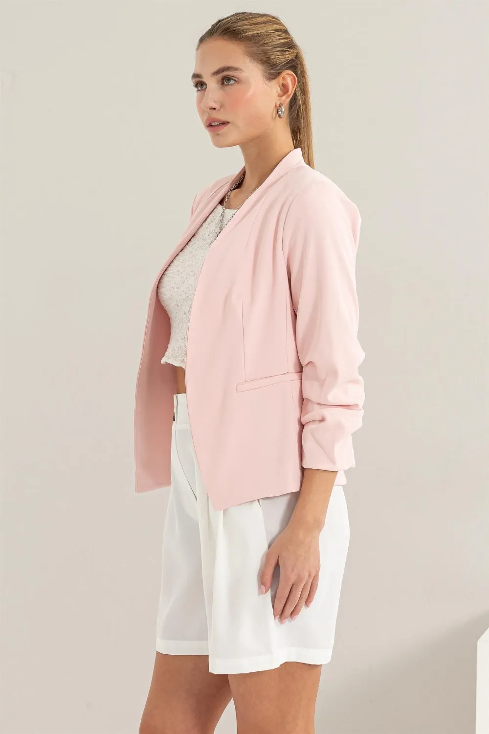 Blue Zone Planet |  HYFVE Open Front Ruched Sleeve Blazer