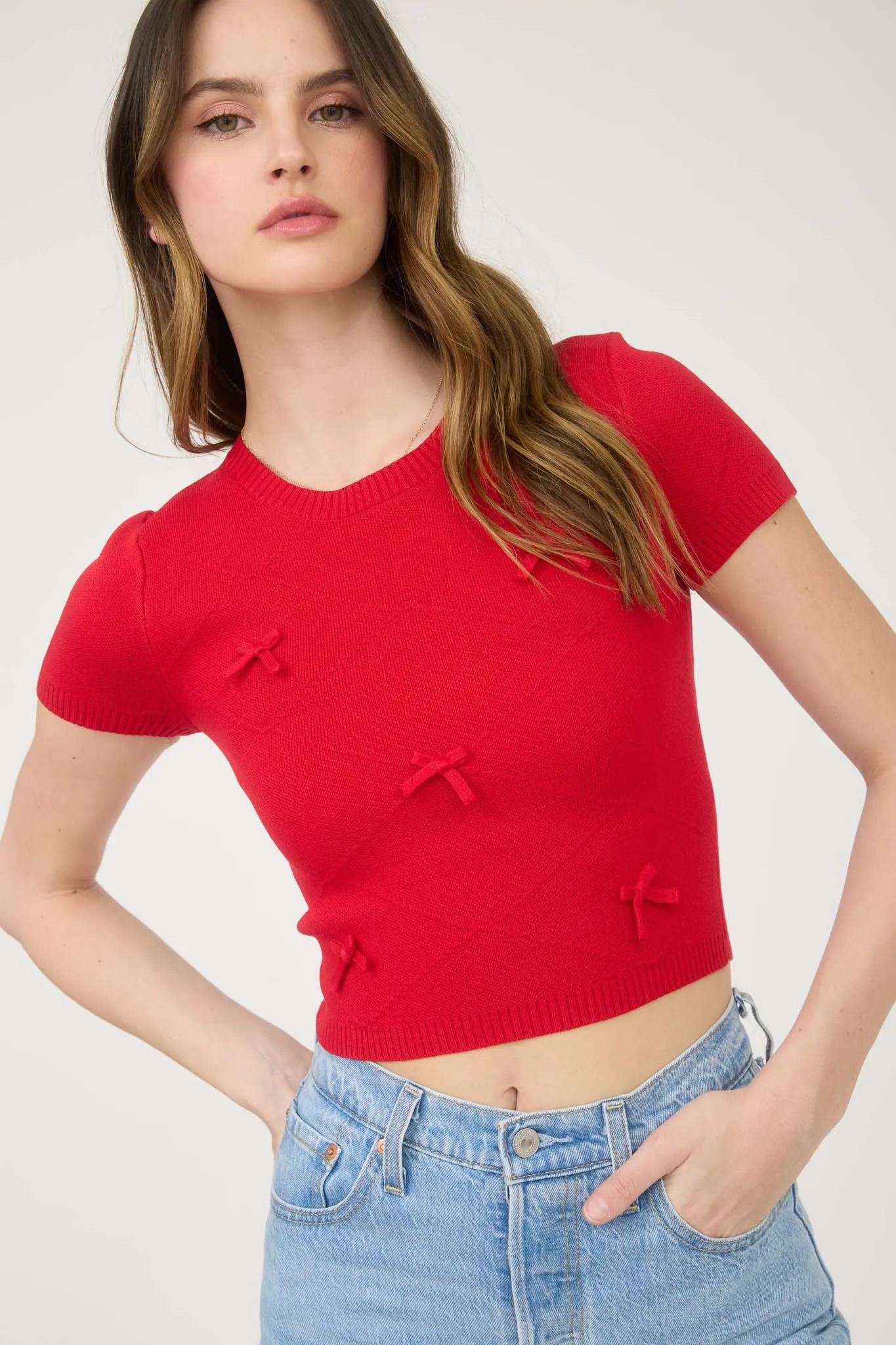 BOW DETAIL CREW NECK SHORT SLEEVE SWEATER CROP TOP