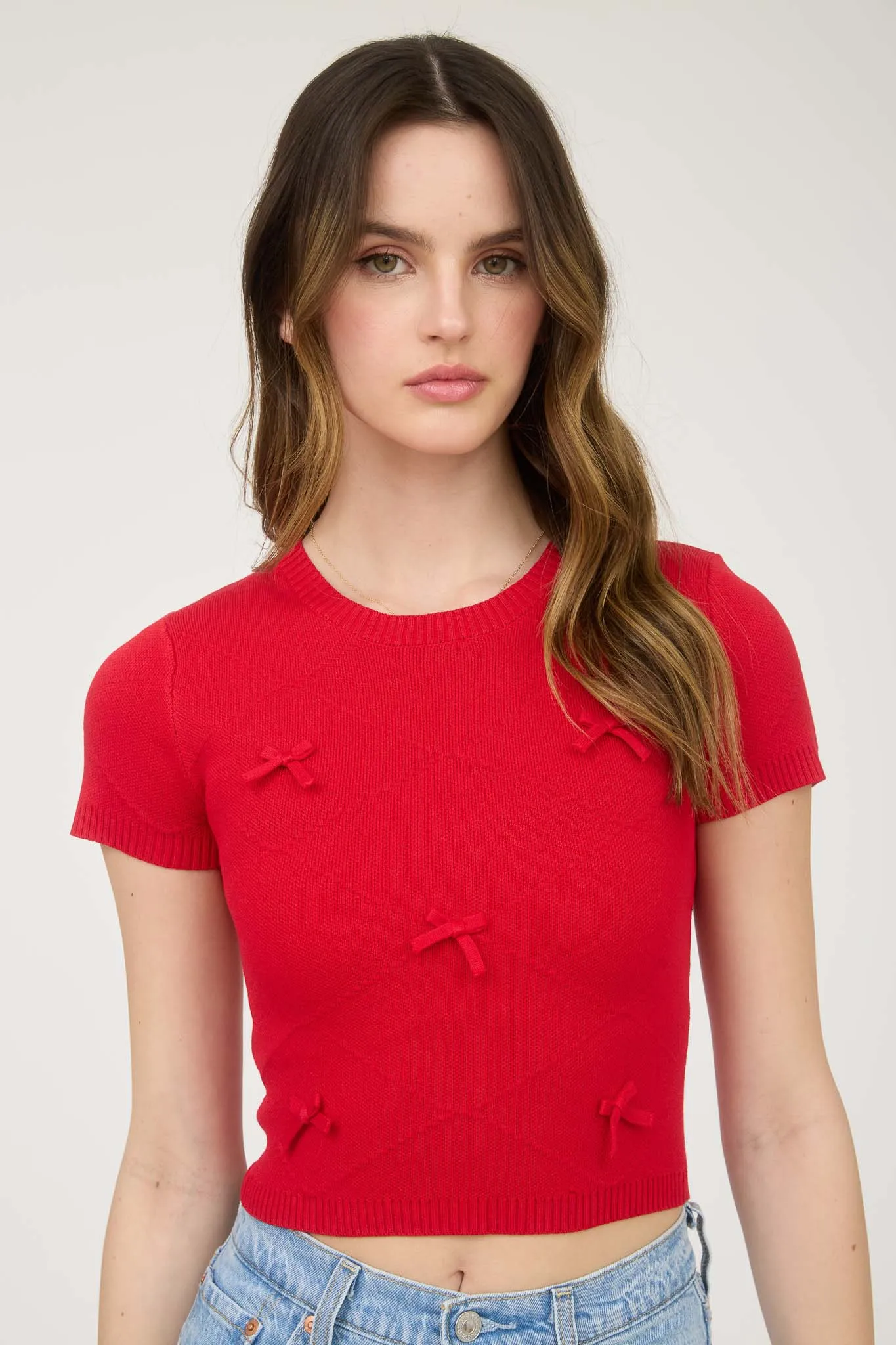 BOW DETAIL CREW NECK SHORT SLEEVE SWEATER CROP TOP