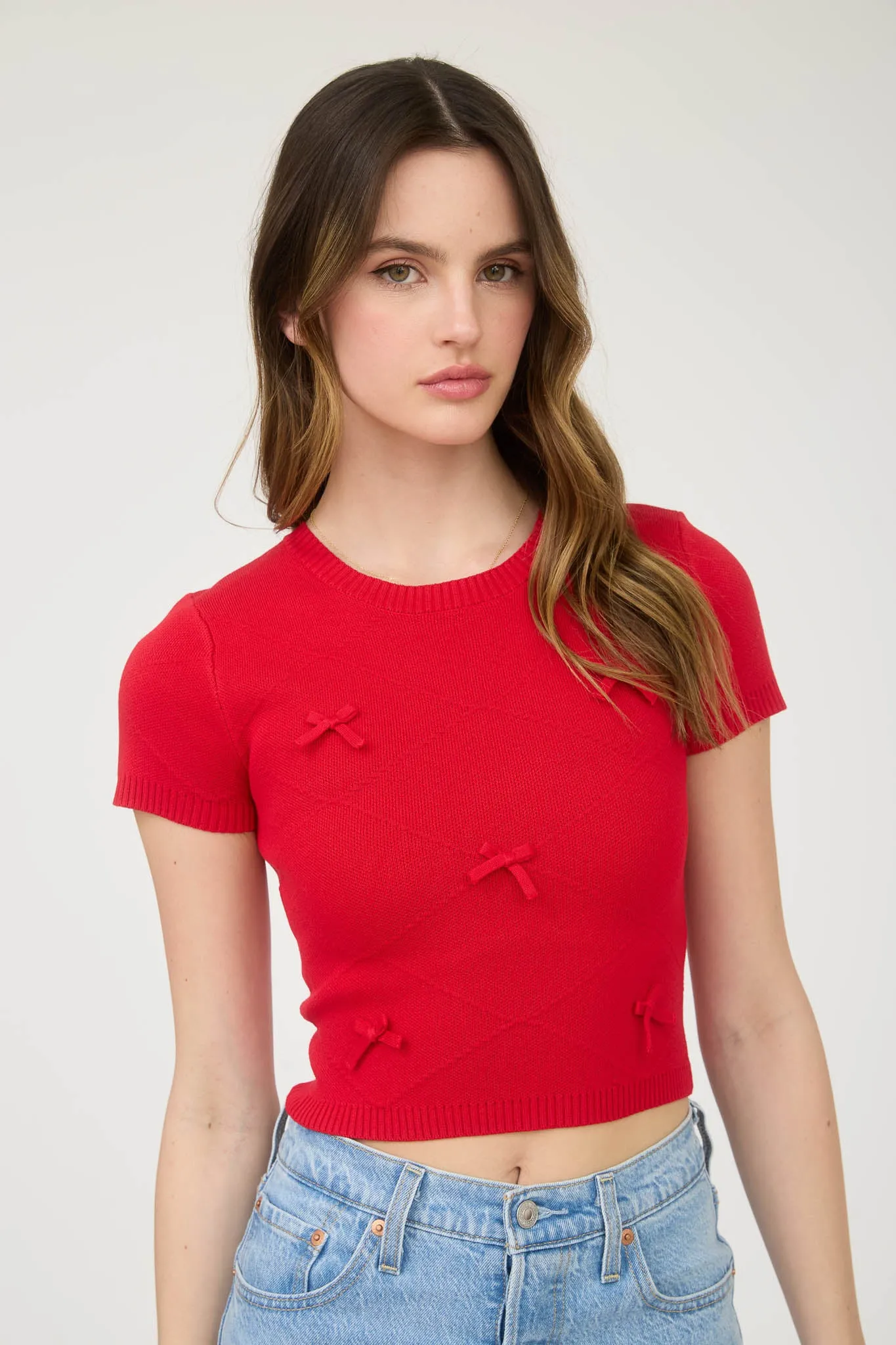 BOW DETAIL CREW NECK SHORT SLEEVE SWEATER CROP TOP