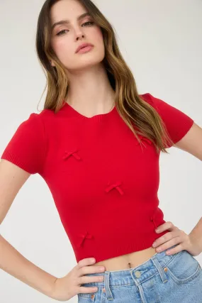 BOW DETAIL CREW NECK SHORT SLEEVE SWEATER CROP TOP