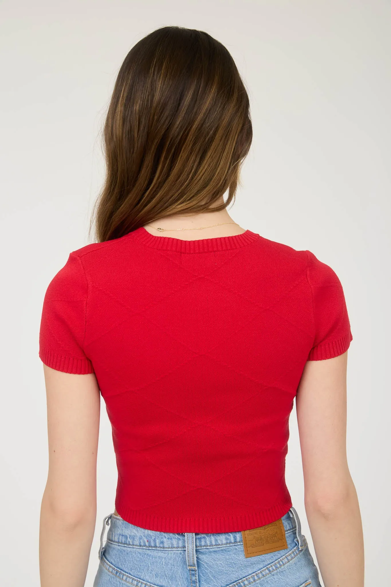 BOW DETAIL CREW NECK SHORT SLEEVE SWEATER CROP TOP