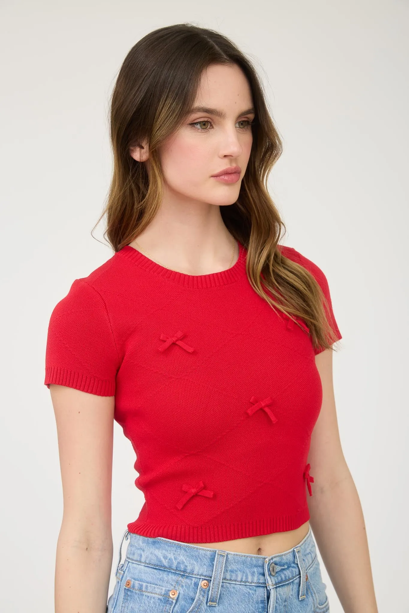 BOW DETAIL CREW NECK SHORT SLEEVE SWEATER CROP TOP