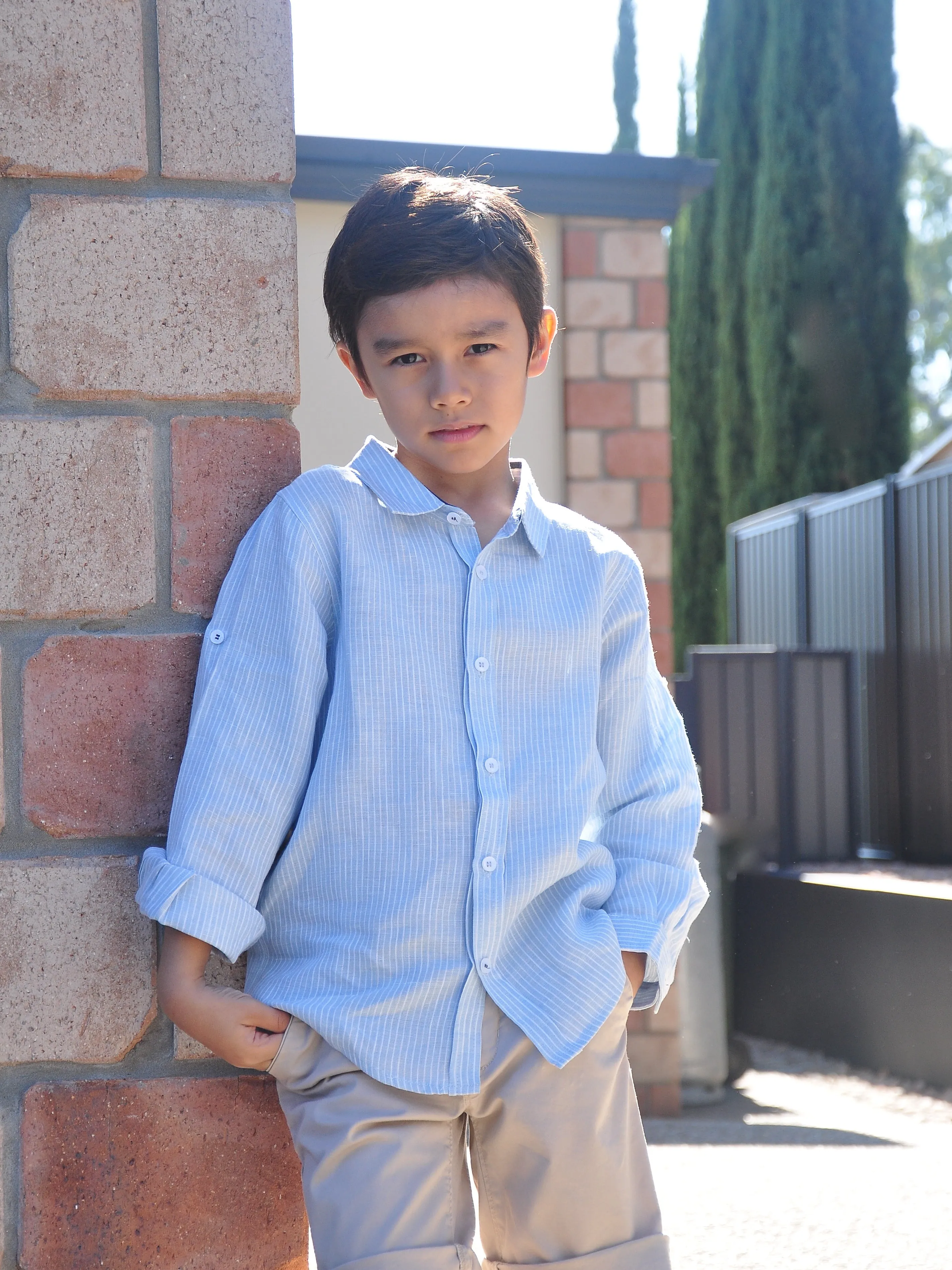 Boy Linen Shirt LS Light Blue White Stripes