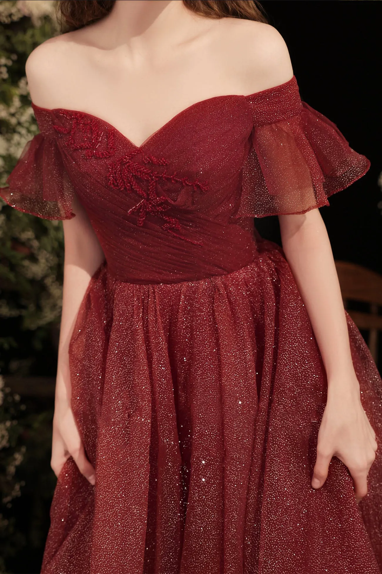 Burgundy Shiny Tulle Long Prom Dress, Burgundy Evening Party Dress