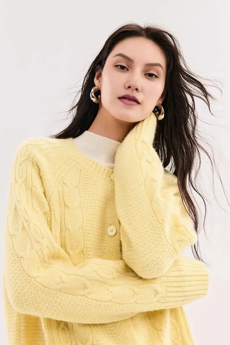 Cable-Knit Wool Blend Crewneck Cardigan
