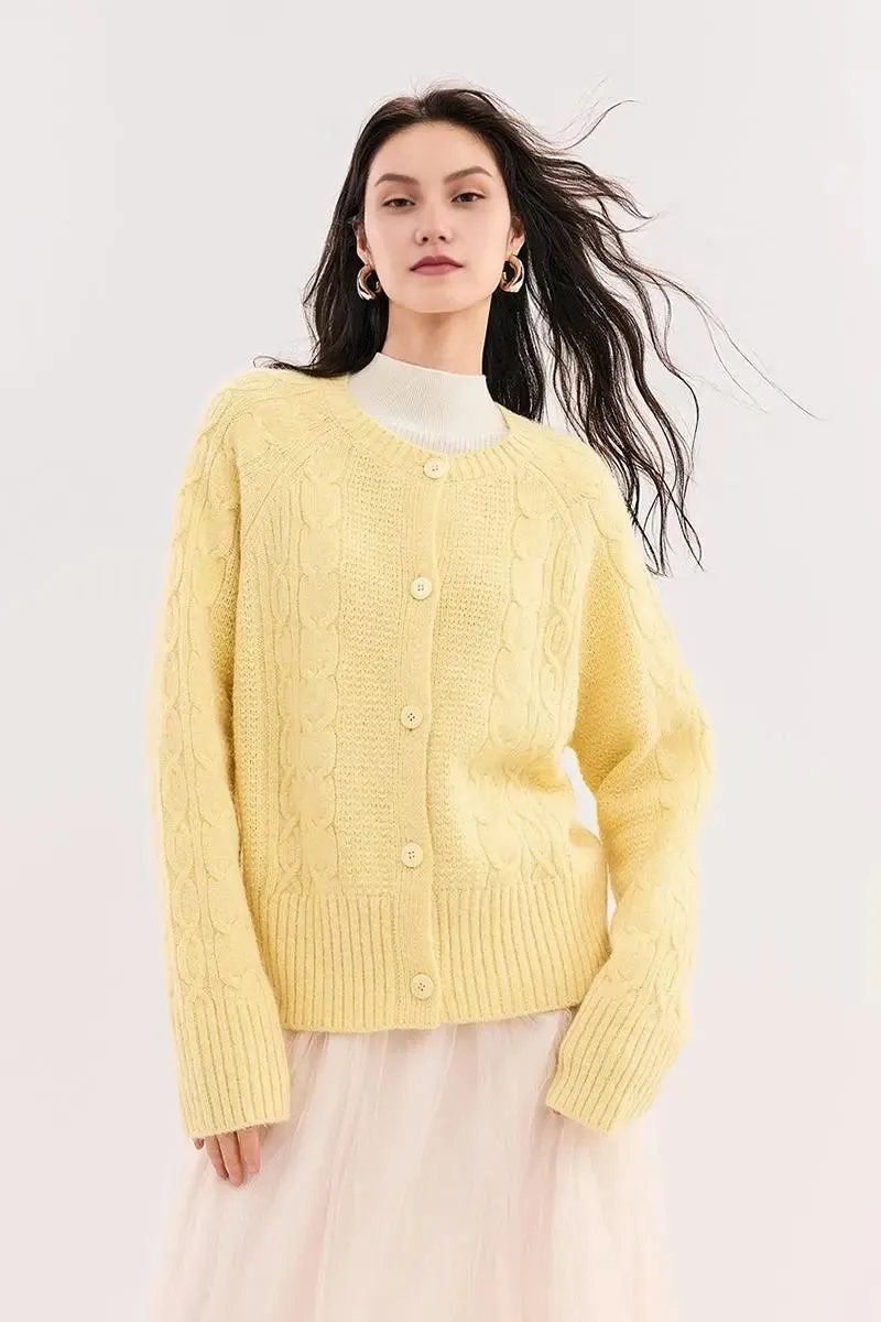 Cable-Knit Wool Blend Crewneck Cardigan