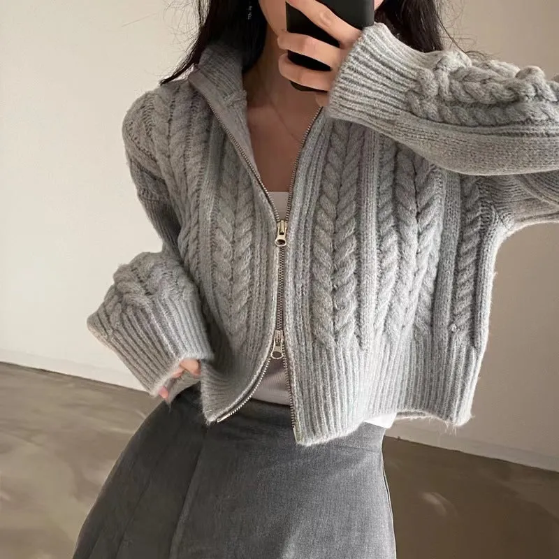 christmas outfit Sonicelife Twist Double Zipper Design Short Cardigan