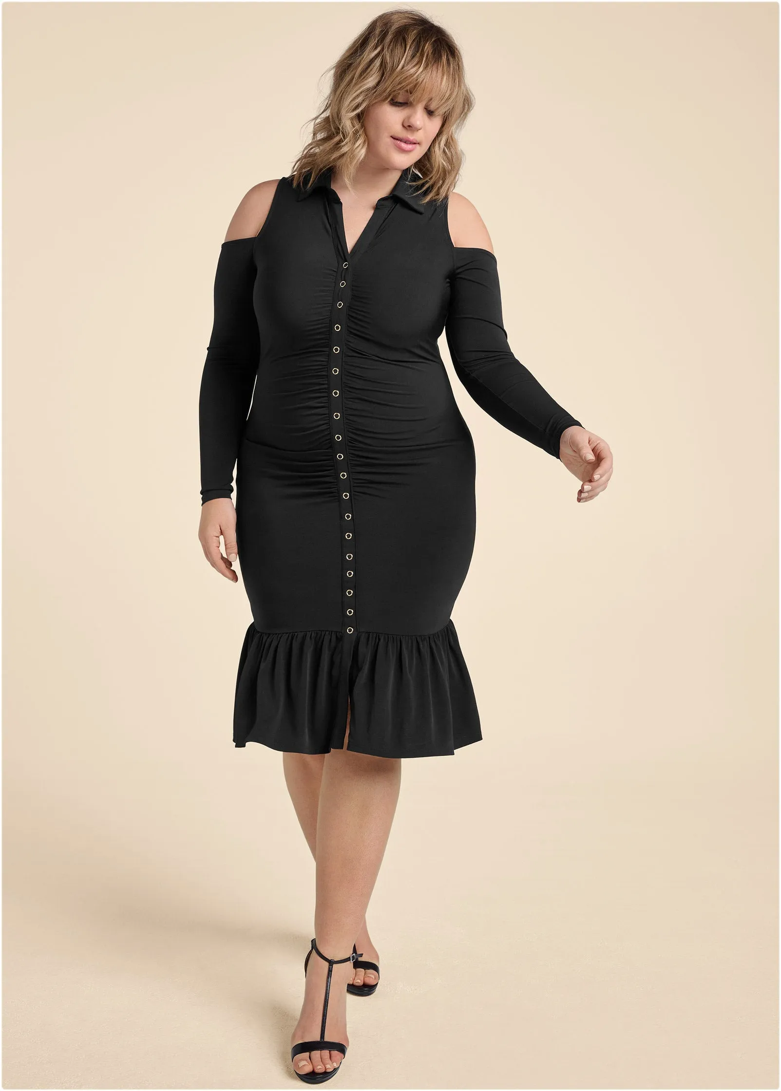 Cold-Shoulder Button-Front Dress - Black