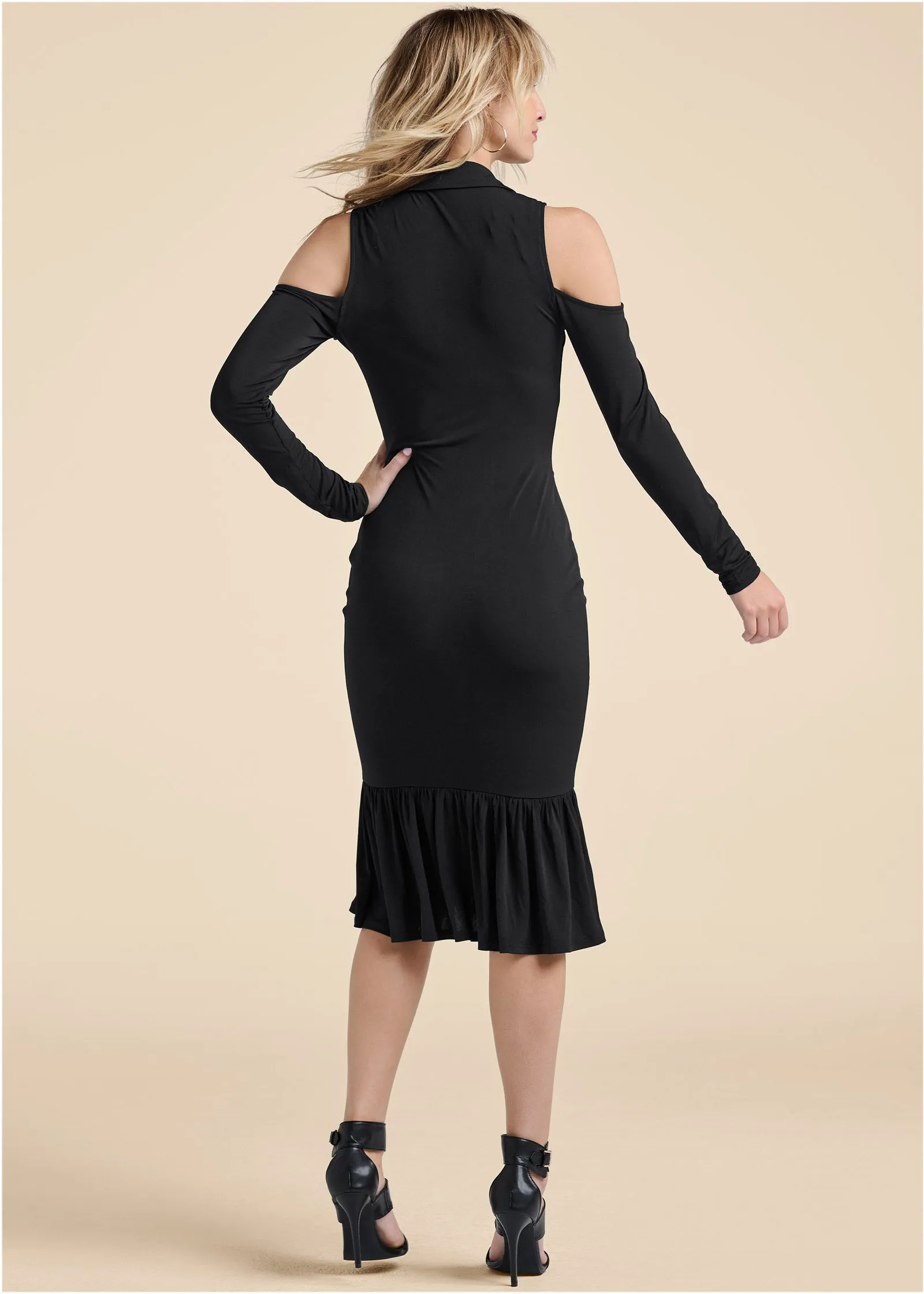 Cold-Shoulder Button-Front Dress - Black
