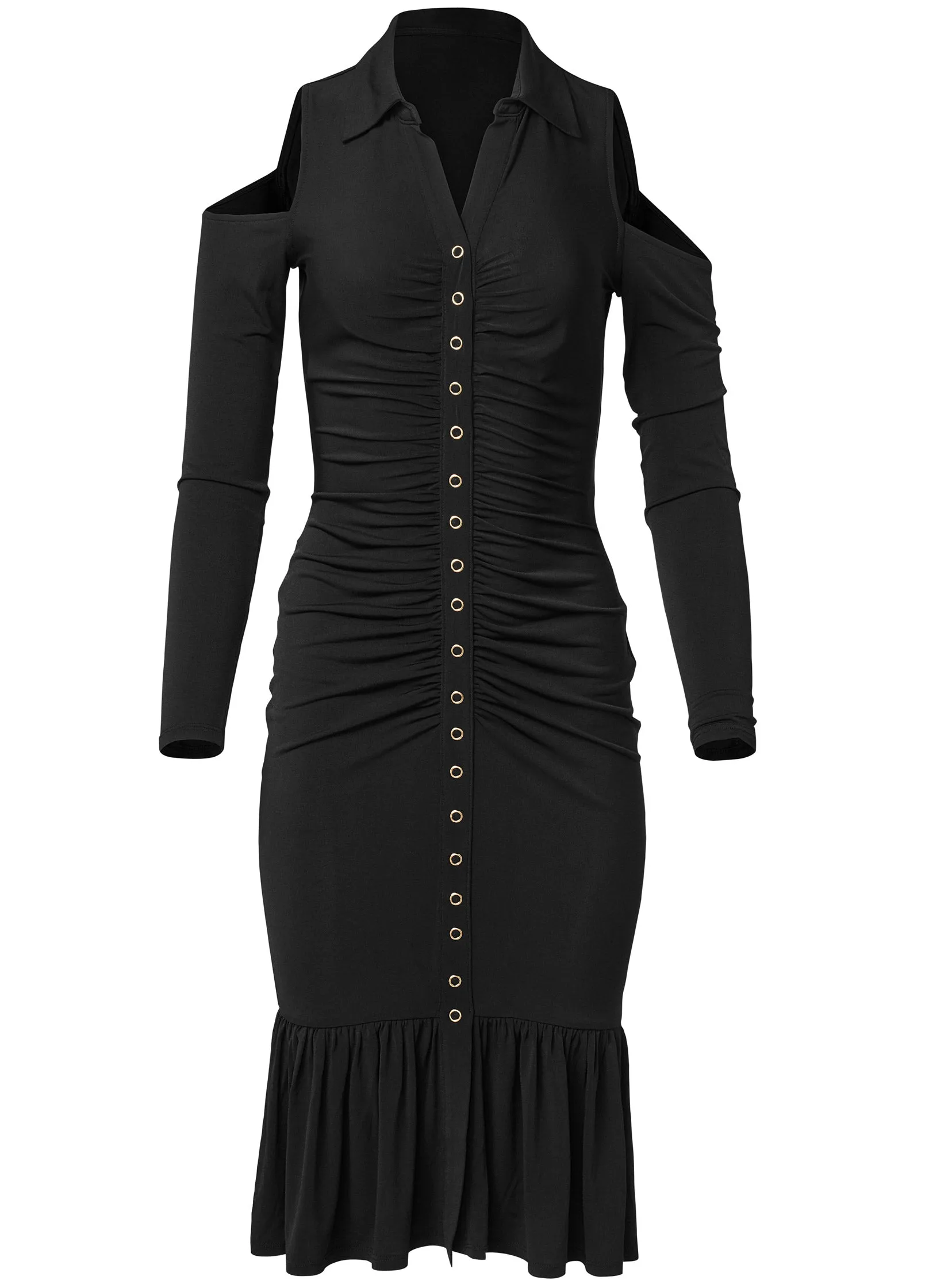 Cold-Shoulder Button-Front Dress - Black