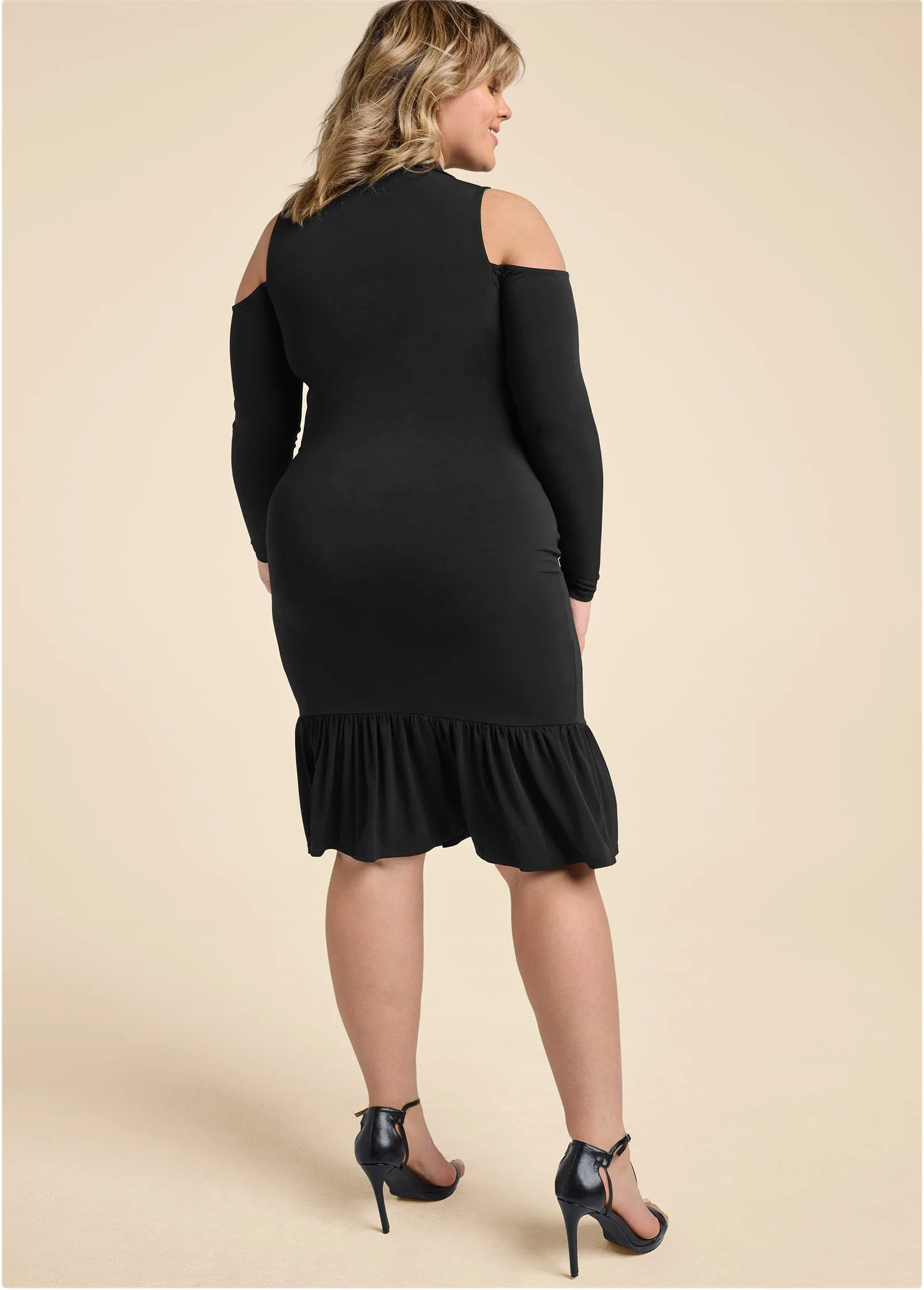 Cold-Shoulder Button-Front Dress - Black