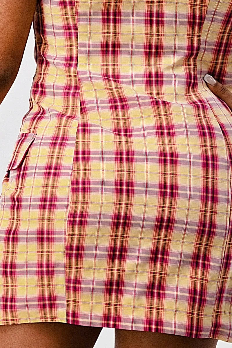 Collared Plaid Blazer Mini Dress with Splits
