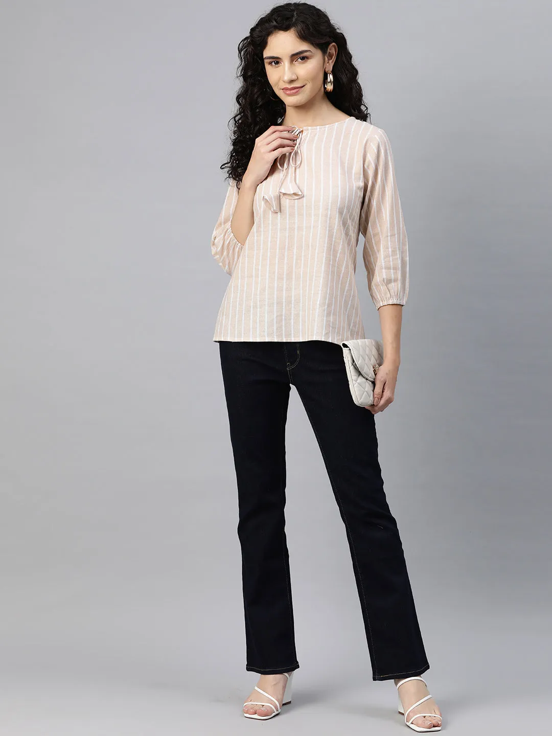 Cottinfab Women Striped Tie-Up Neck Puff Sleeve Cotton Top