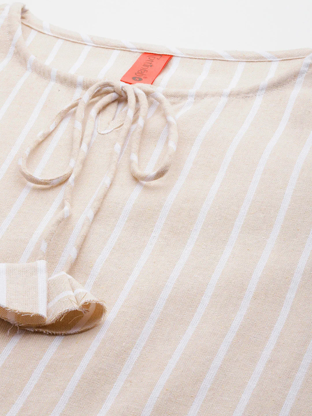 Cottinfab Women Striped Tie-Up Neck Puff Sleeve Cotton Top