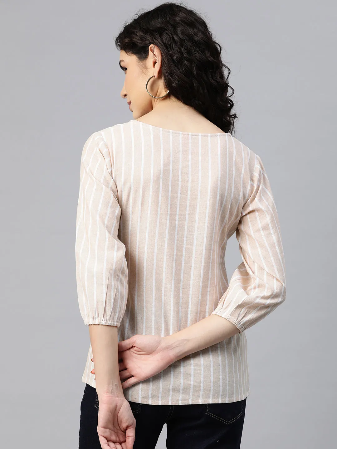 Cottinfab Women Striped Tie-Up Neck Puff Sleeve Cotton Top