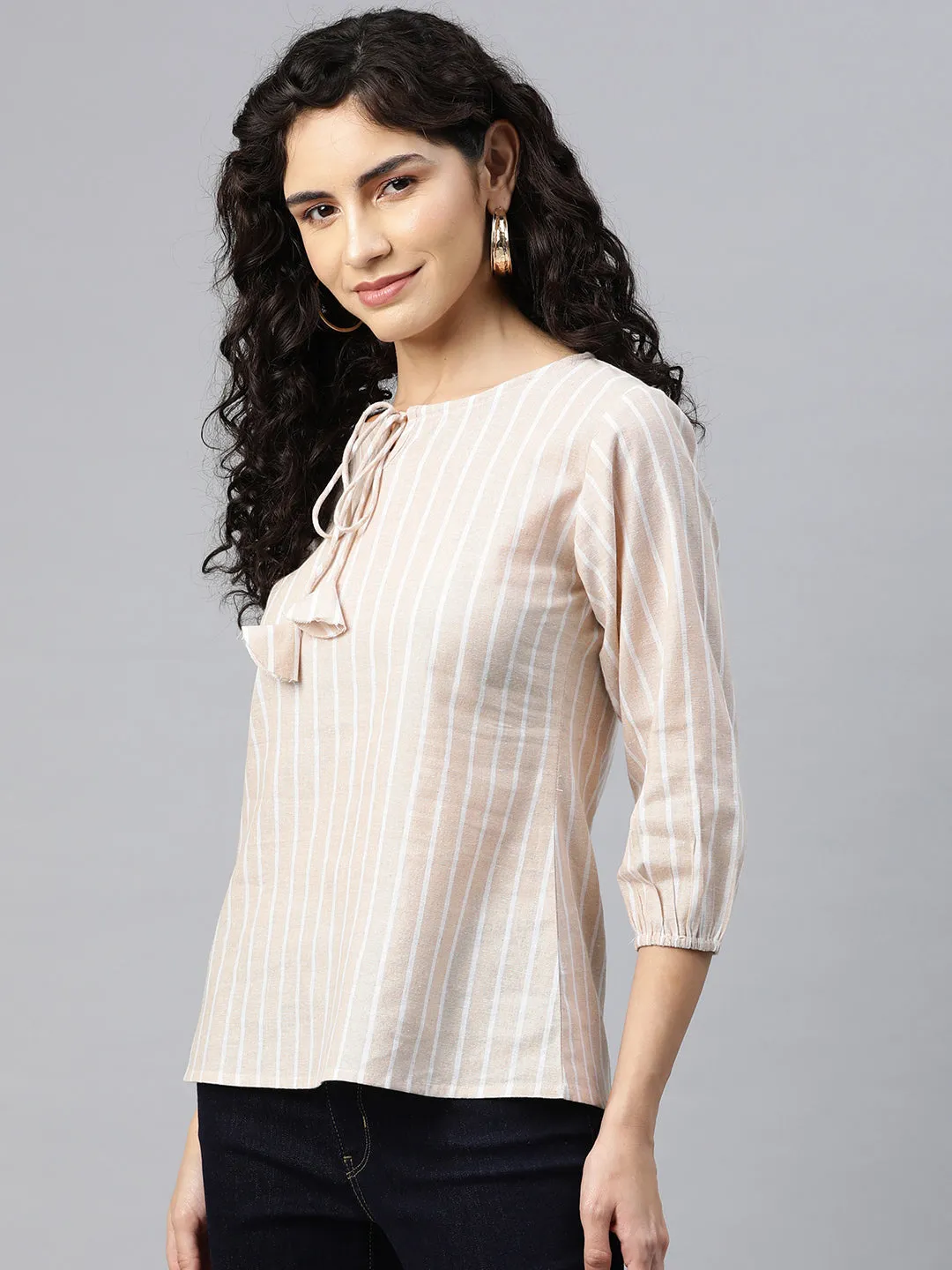 Cottinfab Women Striped Tie-Up Neck Puff Sleeve Cotton Top